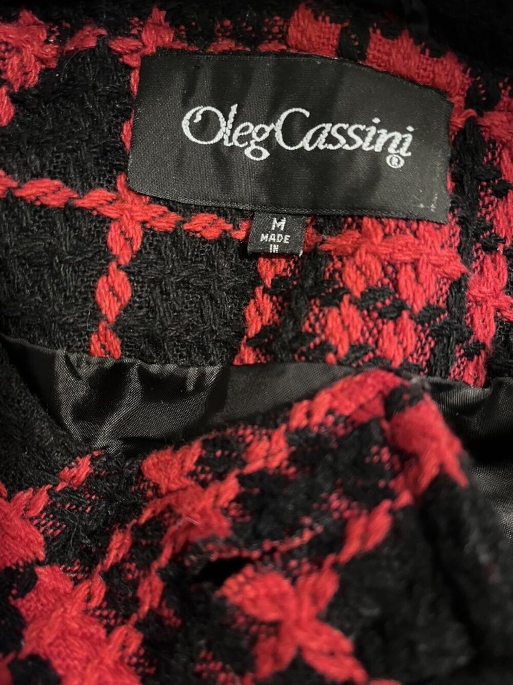 Oleg Cassini Vintage Plaid Wool Blend Lady Jacket Size M Jackie O Style Red Blk - Picture 13 of 14